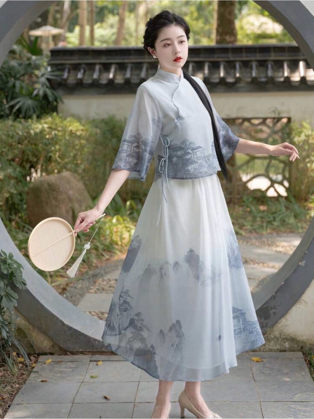 Elegant Pale Blue Scenic Print A-Line Skirt - Classic Ethereal Style